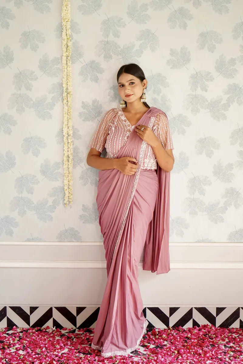 MAUVE COLOR READY TO WEAR SAREE INDO WESTERN