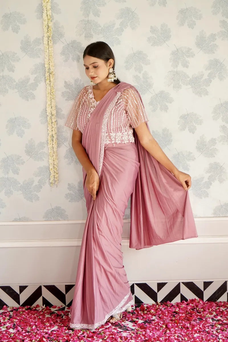 MAUVE COLOR READY TO WEAR SAREE INDO WESTERN