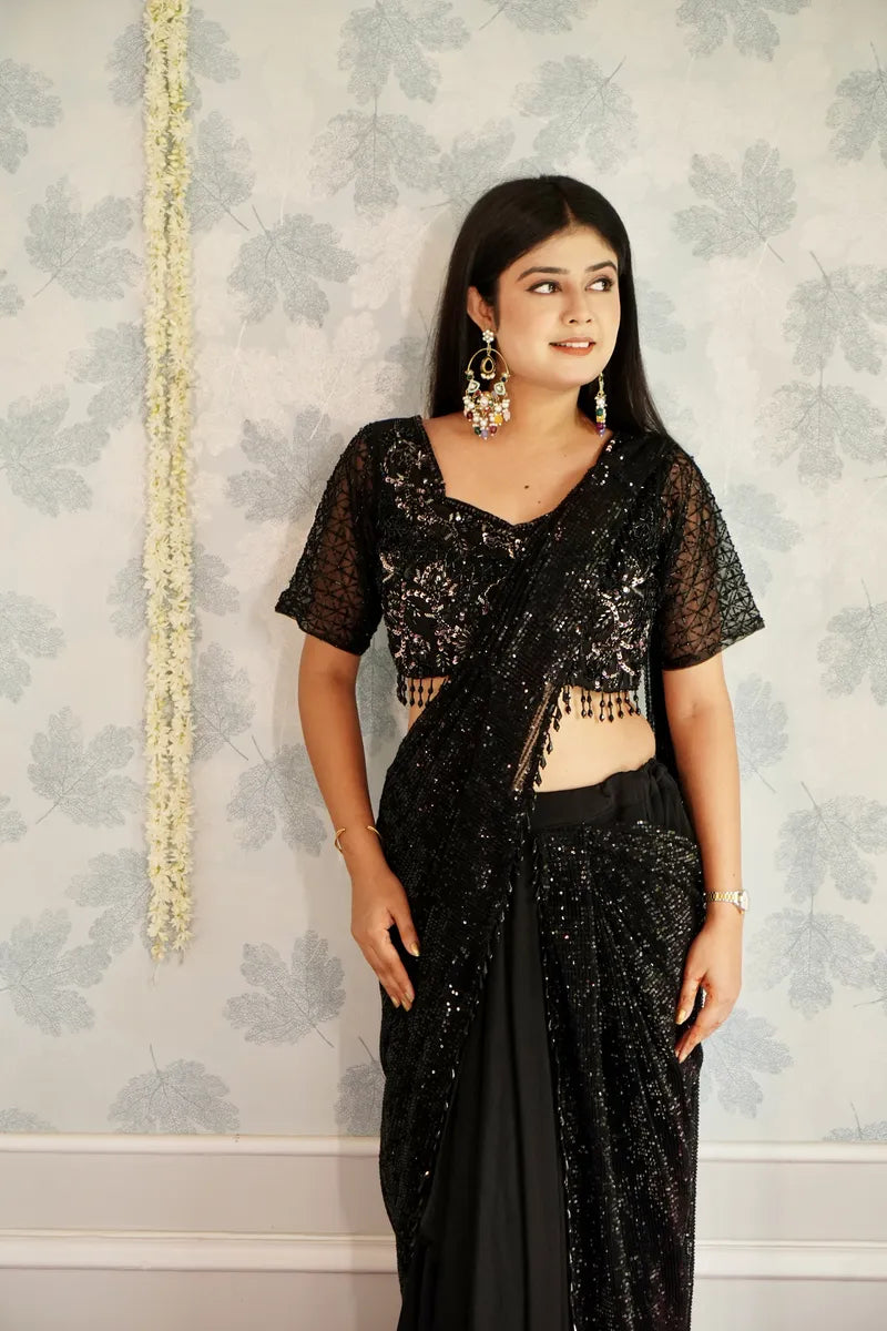 BLACK COLOR READY TO WEAR SAREE INDO WESTERN
