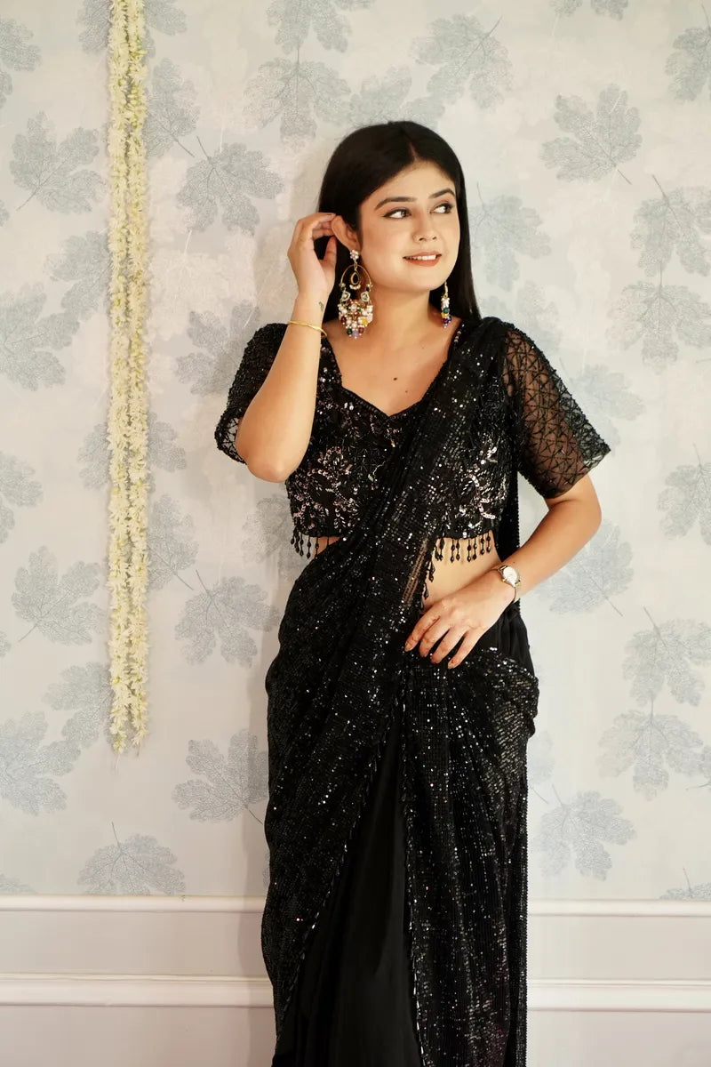 BLACK COLOR READY TO WEAR SAREE INDO WESTERN
