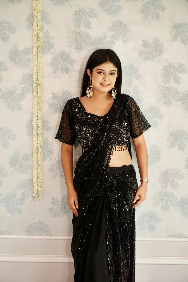 BLACK COLOR READY TO WEAR SAREE INDO WESTERN