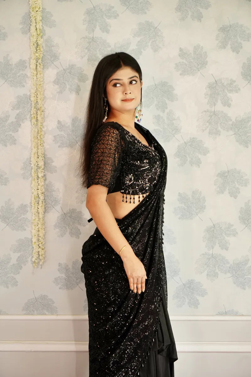 BLACK COLOR READY TO WEAR SAREE INDO WESTERN