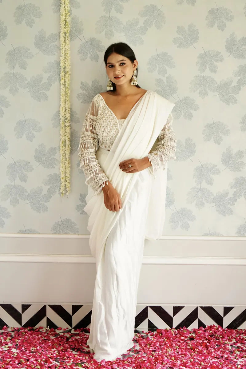 WHITE COLOR READY TO WEAR SAREE INDO WESTERN