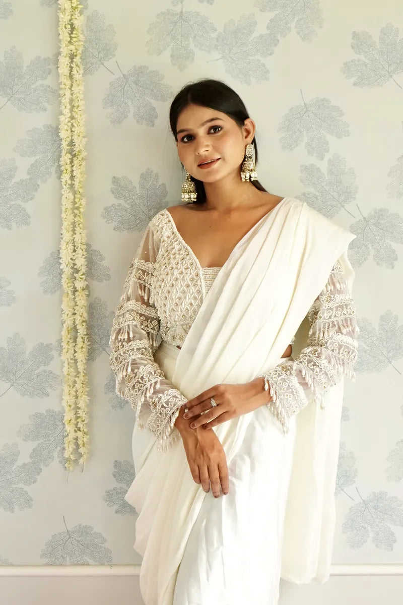WHITE COLOR READY TO WEAR SAREE INDO WESTERN