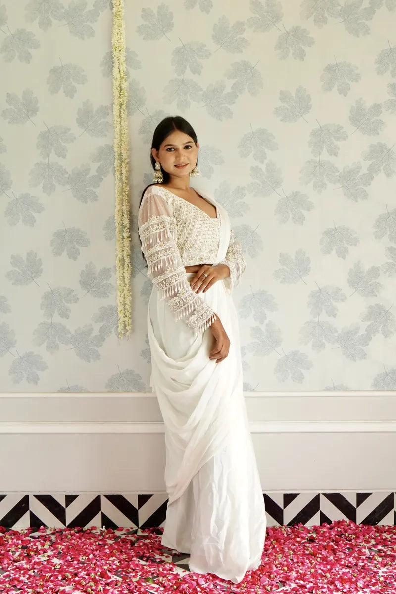 WHITE COLOR READY TO WEAR SAREE INDO WESTERN