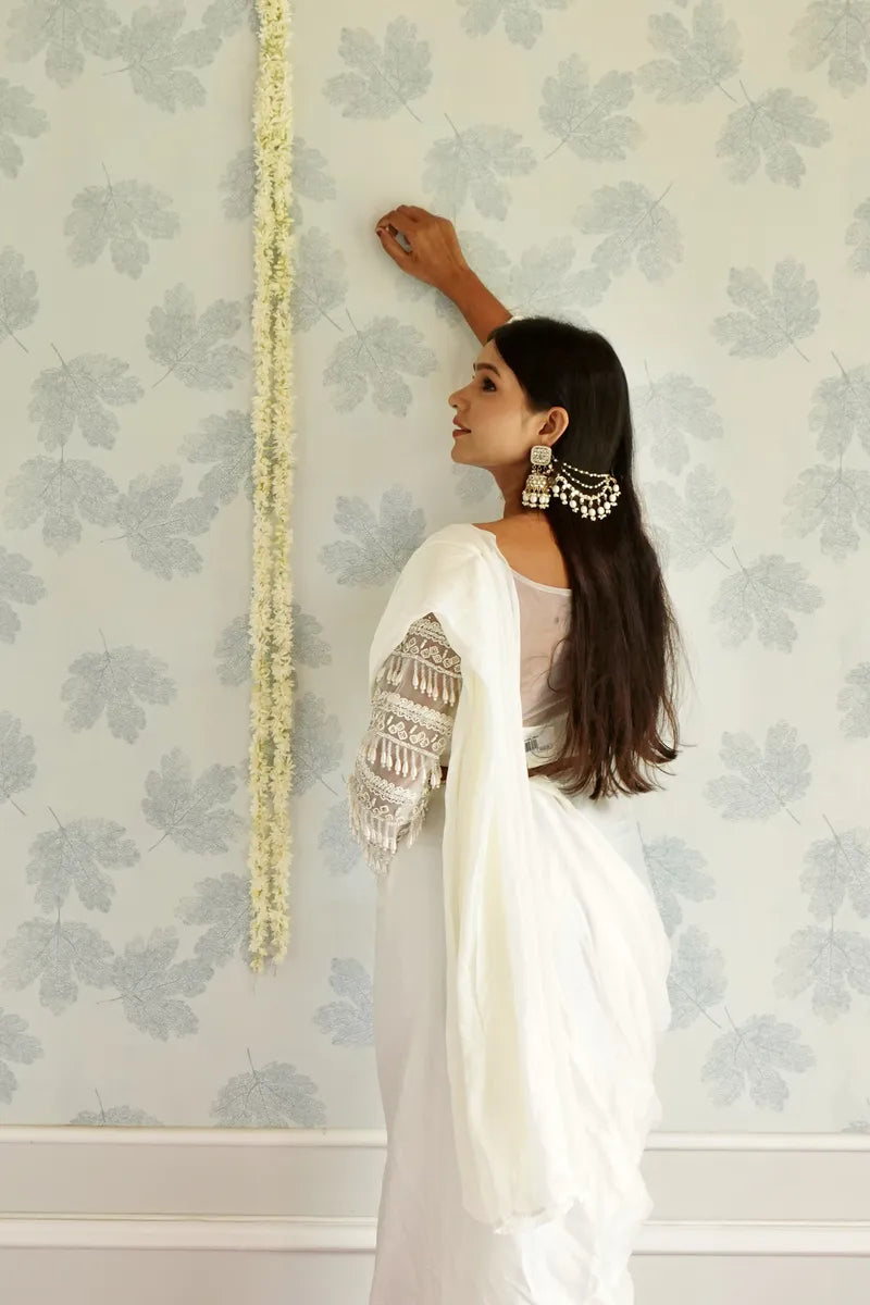WHITE COLOR READY TO WEAR SAREE INDO WESTERN