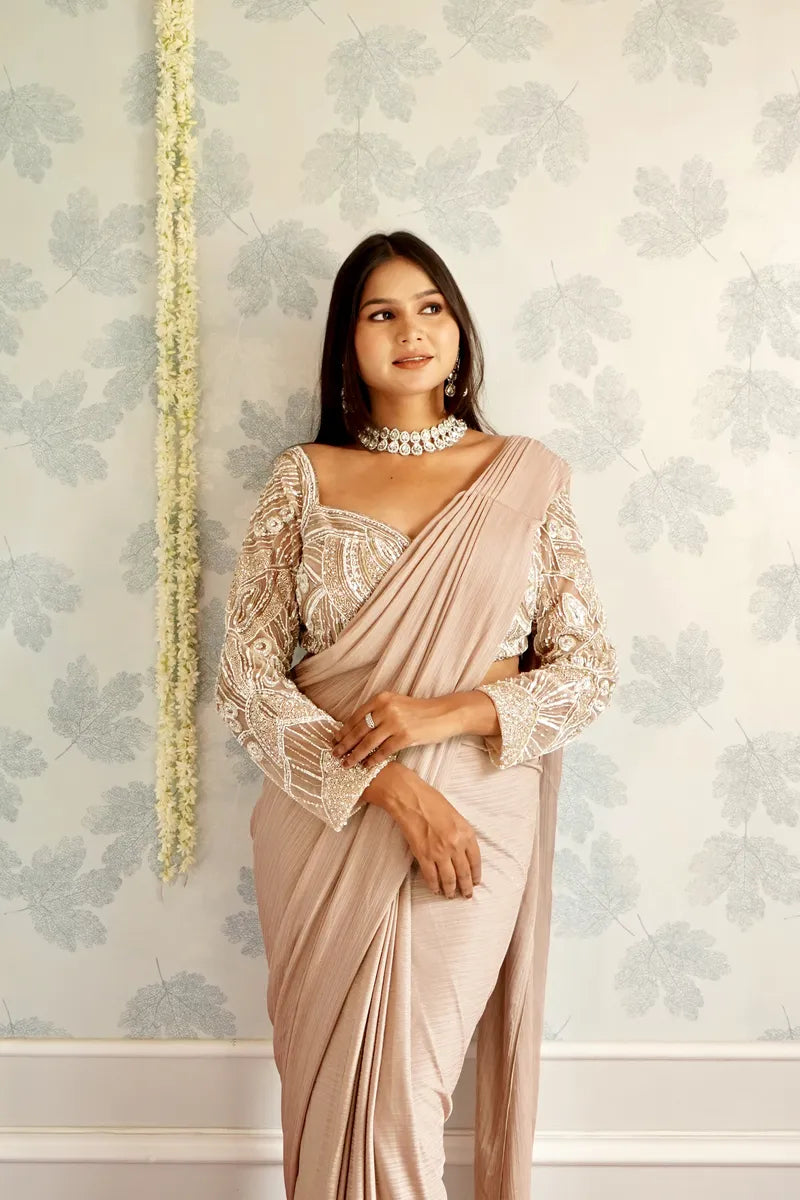 BIEGE COLOR READY TO WEAR SAREE INDO WESTERN