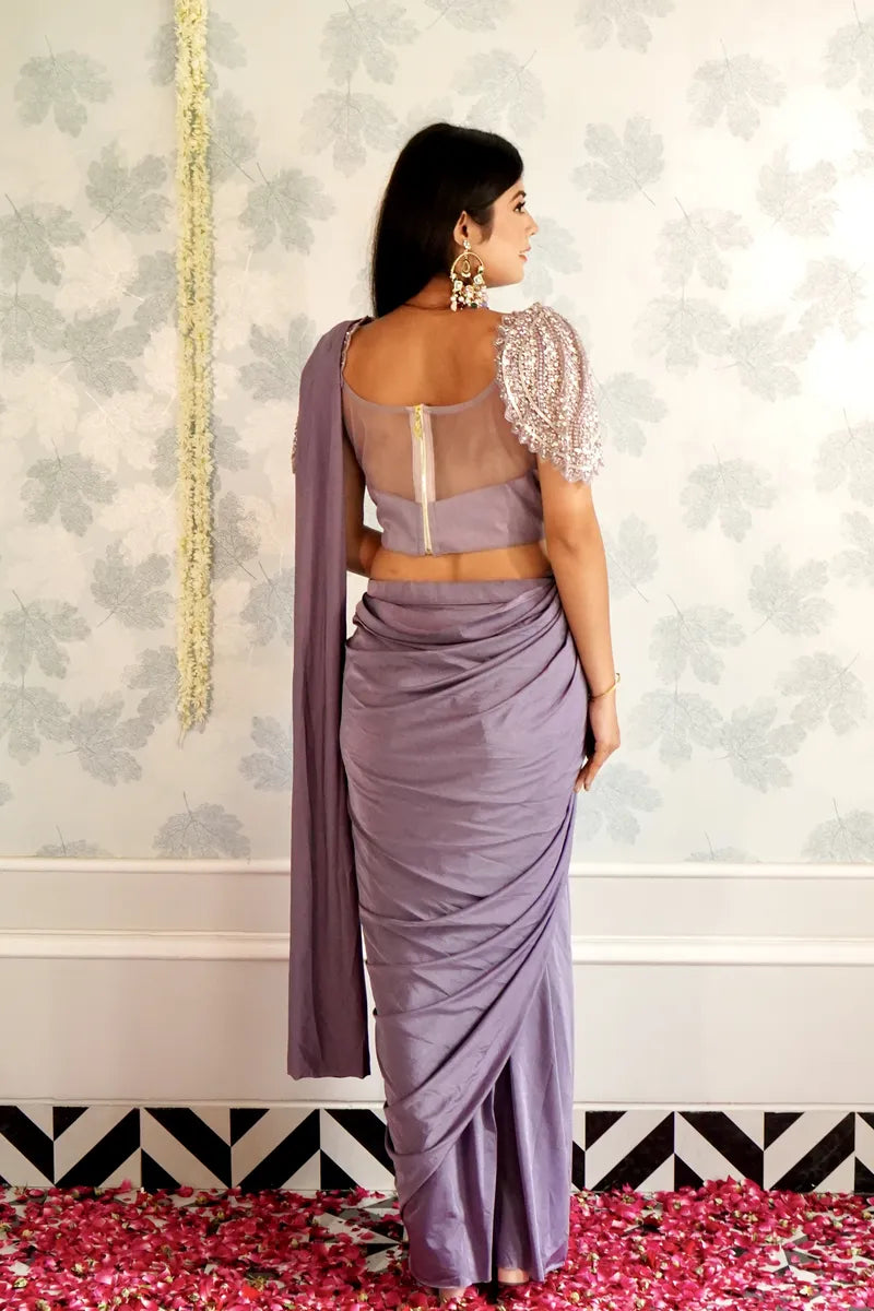 MAUVE COLOR READY TO WEAR SAREE INDO WESTERN