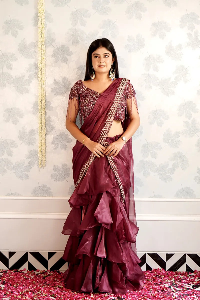 WINE COLOR READY TO WEAR SAREE INDO WESTERN