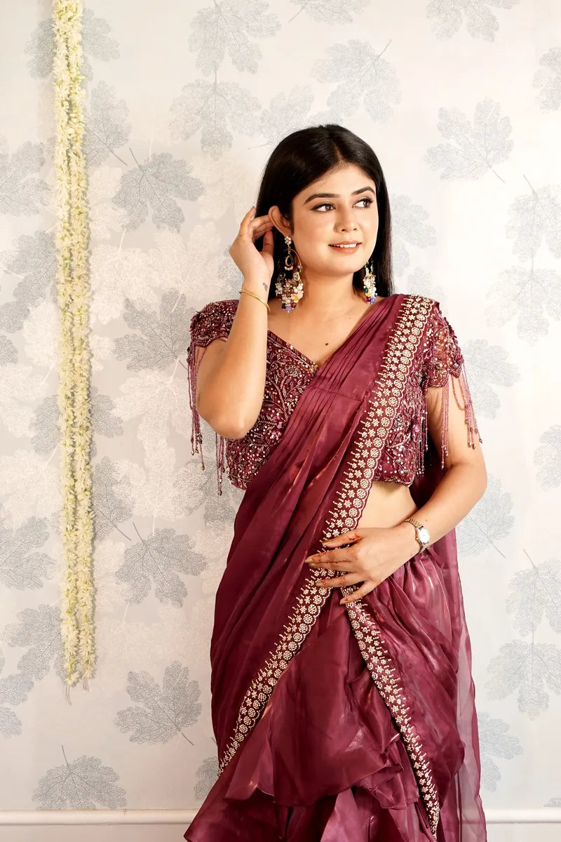 WINE COLOR READY TO WEAR SAREE INDO WESTERN