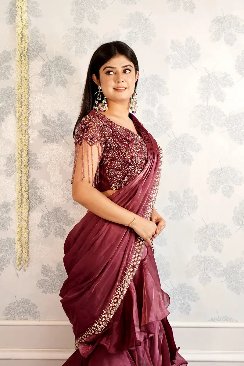WINE COLOR READY TO WEAR SAREE INDO WESTERN