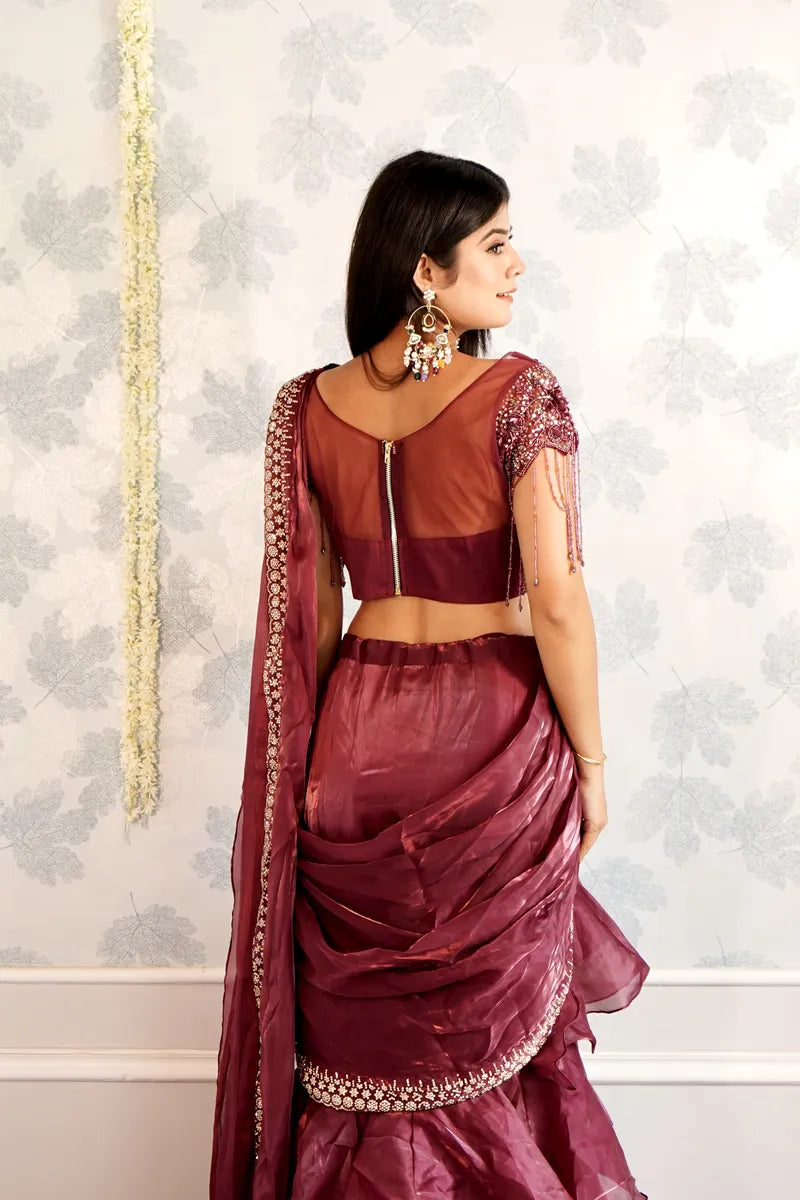 WINE COLOR READY TO WEAR SAREE INDO WESTERN