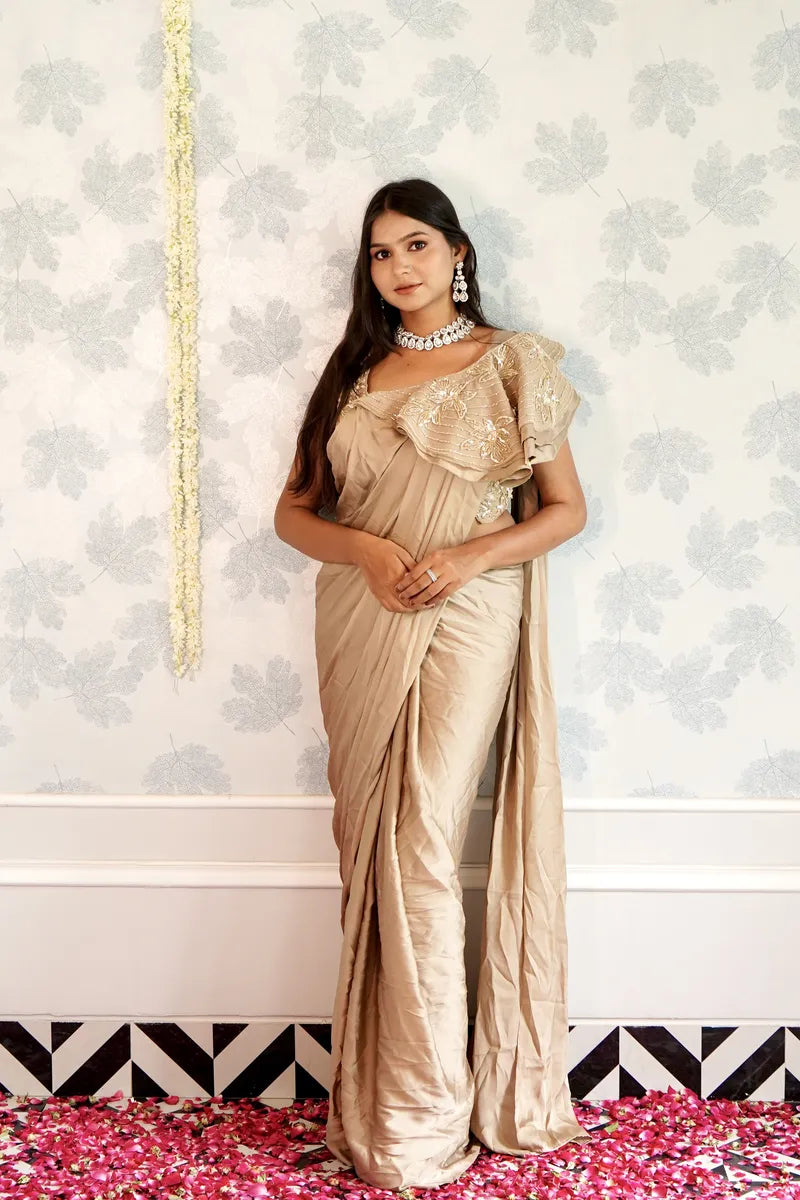 BIEGE COLOR READY TO WEAR SAREE INDO WESTERN