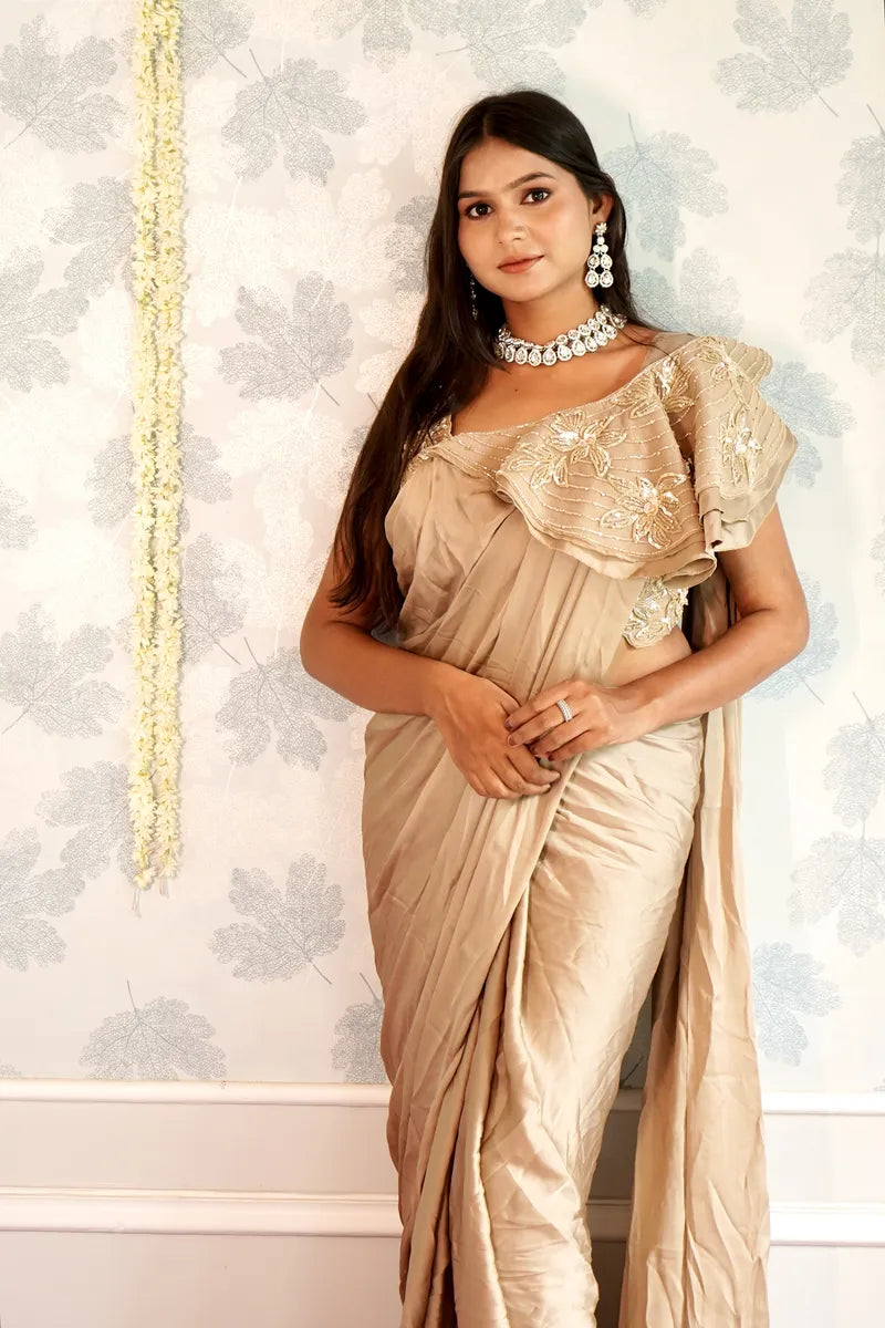 BIEGE COLOR READY TO WEAR SAREE INDO WESTERN