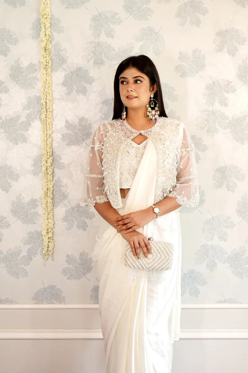 WHITE COLOR READY TO WEAR PLAIN SAREE WITH PURSE INDO WESTERN