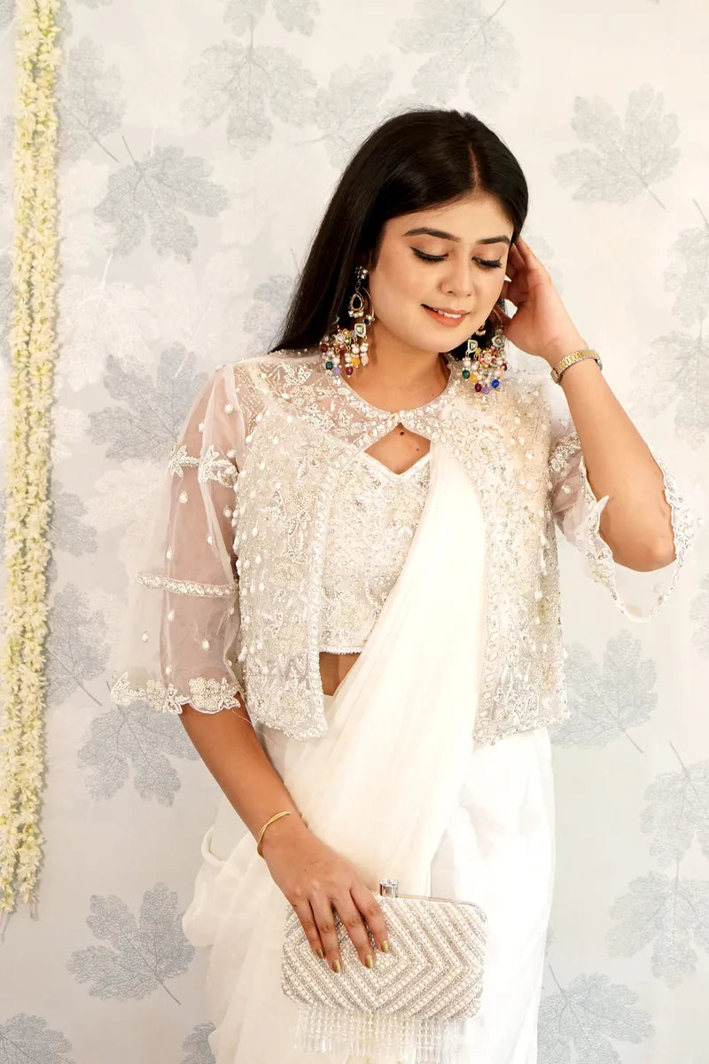 WHITE COLOR READY TO WEAR PLAIN SAREE WITH PURSE INDO WESTERN