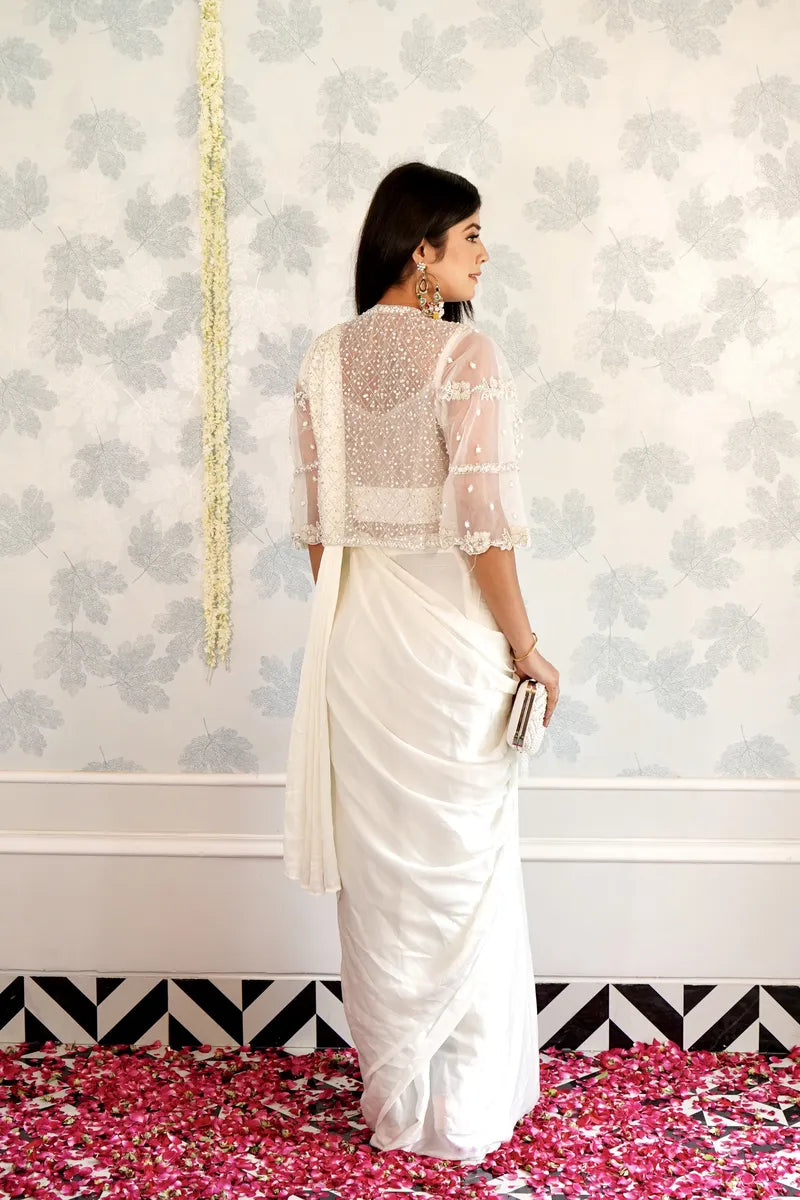 WHITE COLOR READY TO WEAR PLAIN SAREE WITH PURSE INDO WESTERN