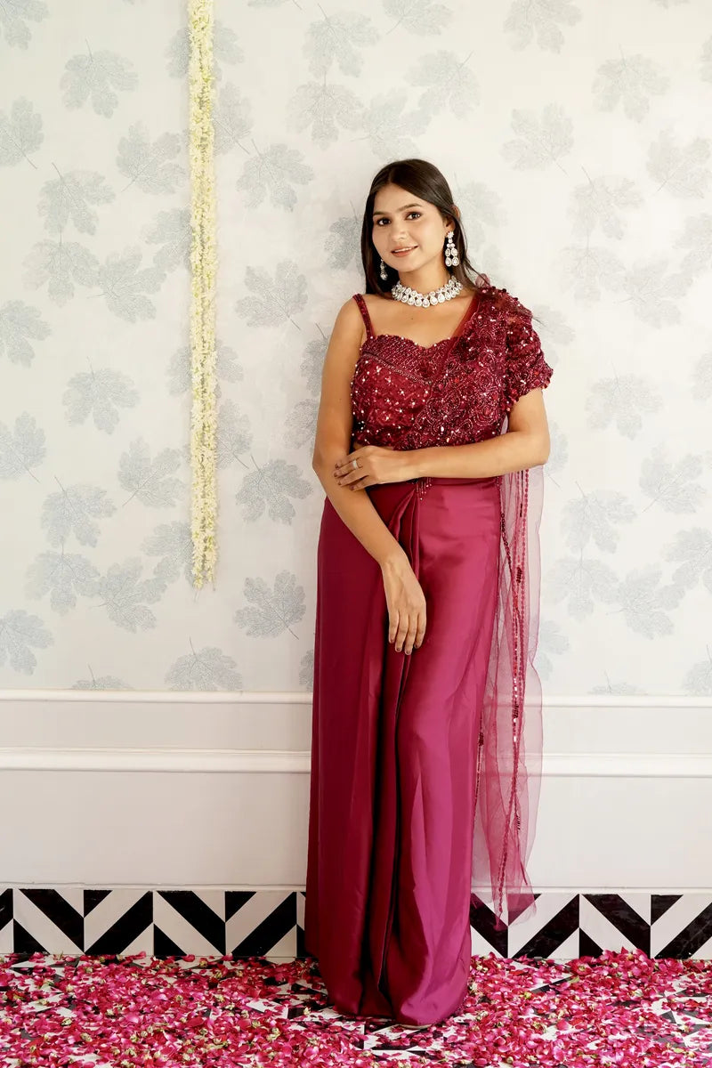 MAROON COLOR READY TO WEAR SAREE INDO WESTERN