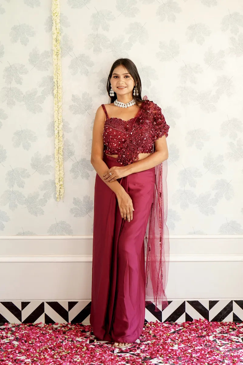 MAROON COLOR READY TO WEAR SAREE INDO WESTERN