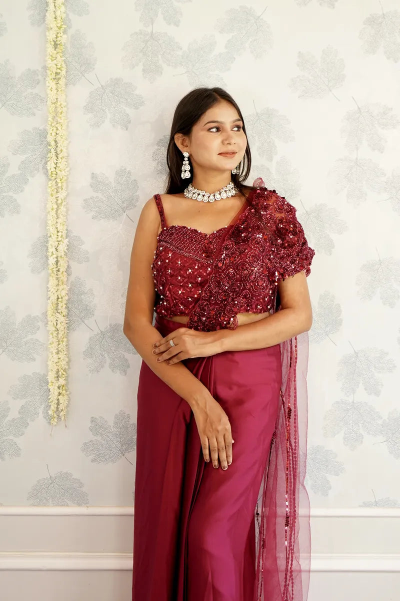MAROON COLOR READY TO WEAR SAREE INDO WESTERN