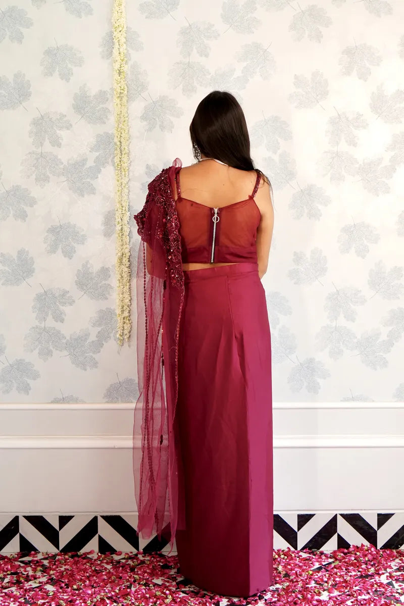 MAROON COLOR READY TO WEAR SAREE INDO WESTERN