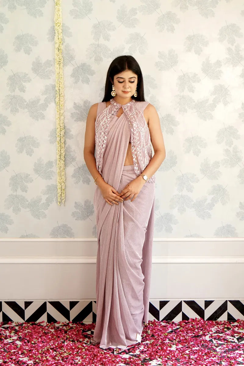 LIGHT PINK COLOR READY TO WEAR SAREE INDO WESTERN