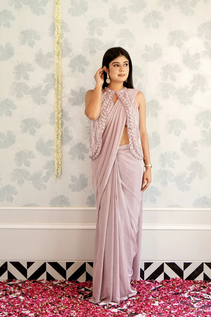 LIGHT PINK COLOR READY TO WEAR SAREE INDO WESTERN