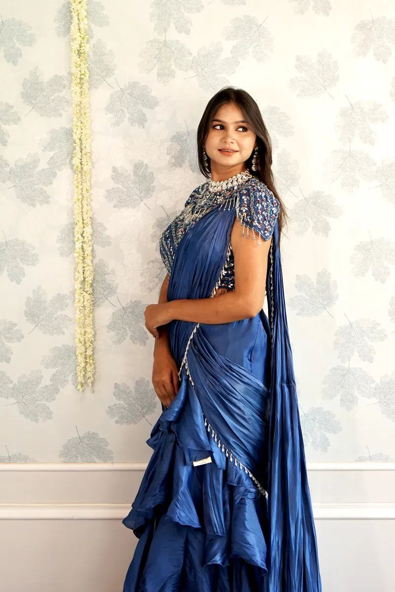 BLUE COLOR READY TO WEAR SAREE INDO WESTERN
