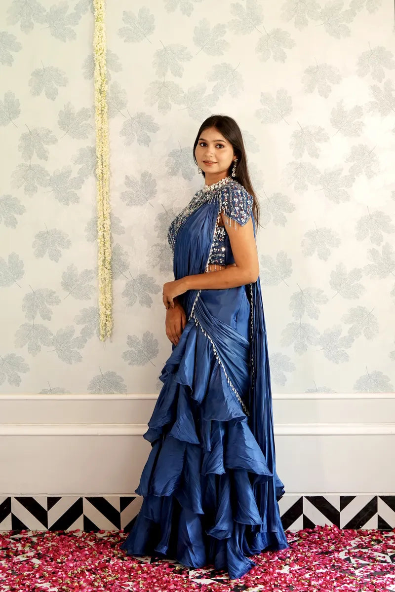 BLUE COLOR READY TO WEAR SAREE INDO WESTERN