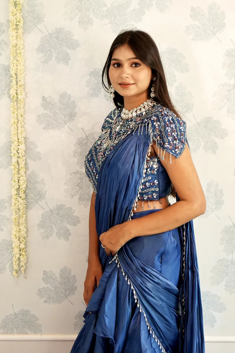 BLUE COLOR READY TO WEAR SAREE INDO WESTERN
