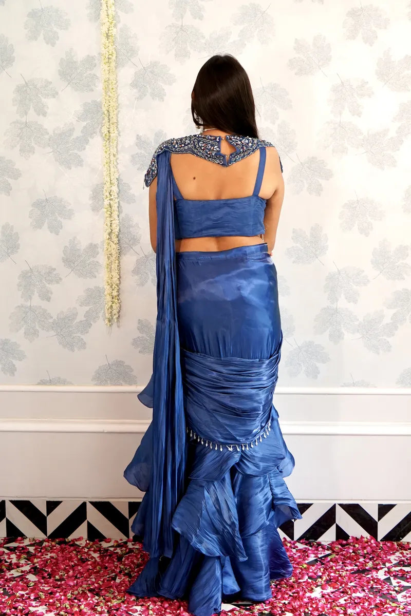 BLUE COLOR READY TO WEAR SAREE INDO WESTERN