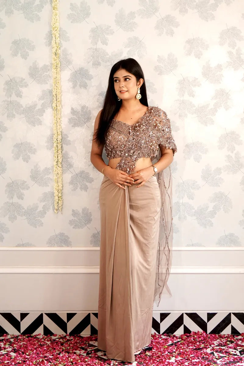 BIEGE COLOR READY TO WEAR SAREE INDO WESTERN