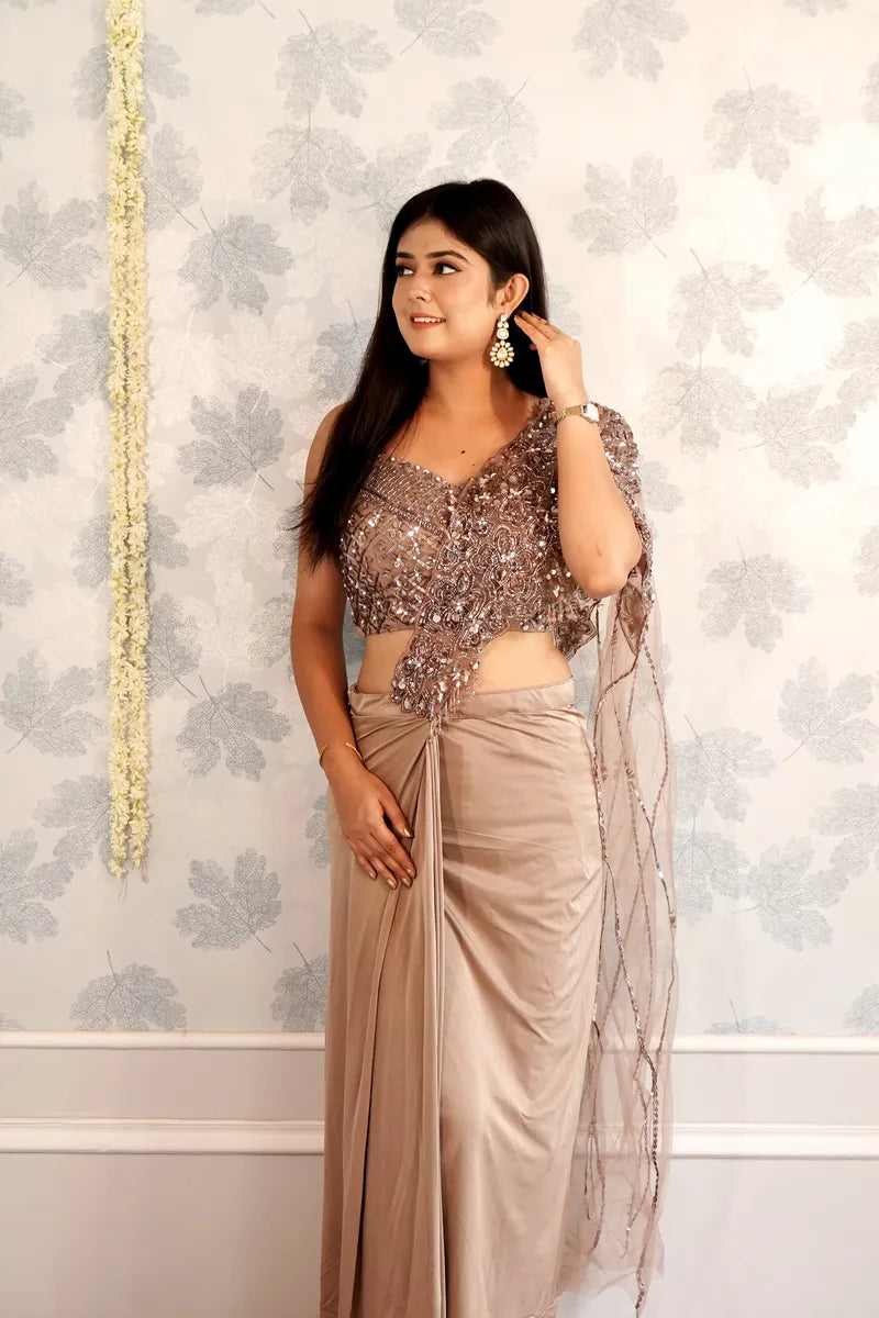 BIEGE COLOR READY TO WEAR SAREE INDO WESTERN