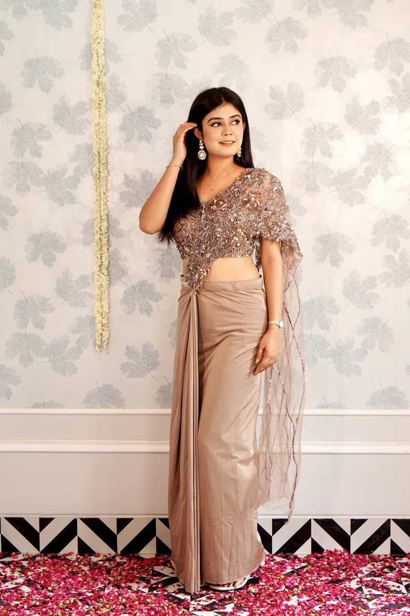 BIEGE COLOR READY TO WEAR SAREE INDO WESTERN