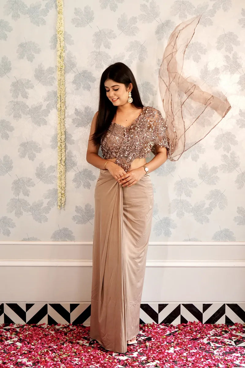 BIEGE COLOR READY TO WEAR SAREE INDO WESTERN