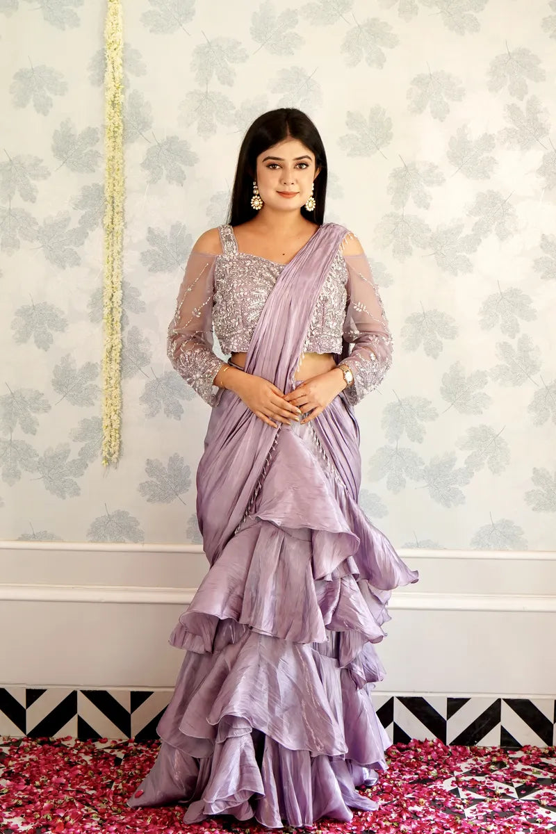 LAVENDER COLOR READY TO WEAR SAREE INDO WESTERN