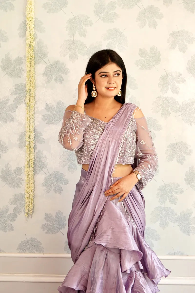 LAVENDER COLOR READY TO WEAR SAREE INDO WESTERN