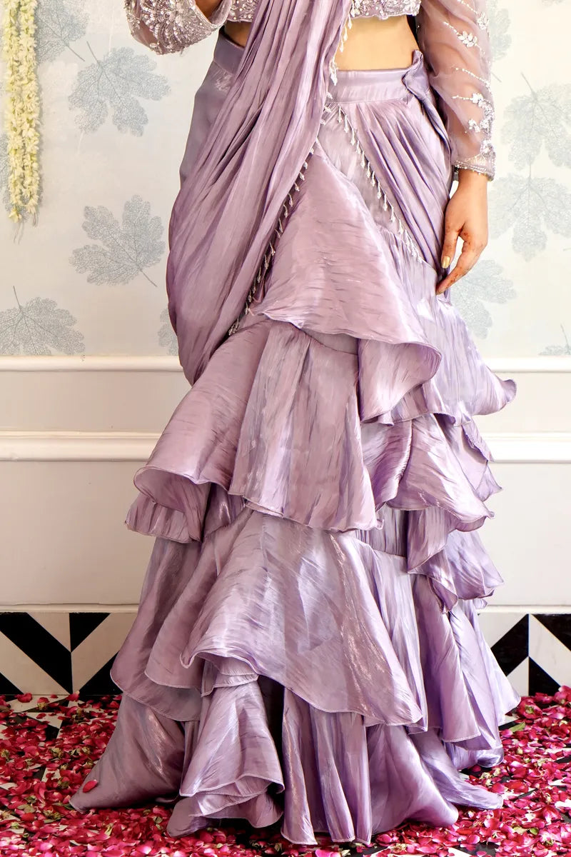 LAVENDER COLOR READY TO WEAR SAREE INDO WESTERN