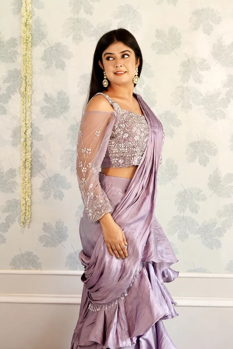 LAVENDER COLOR READY TO WEAR SAREE INDO WESTERN