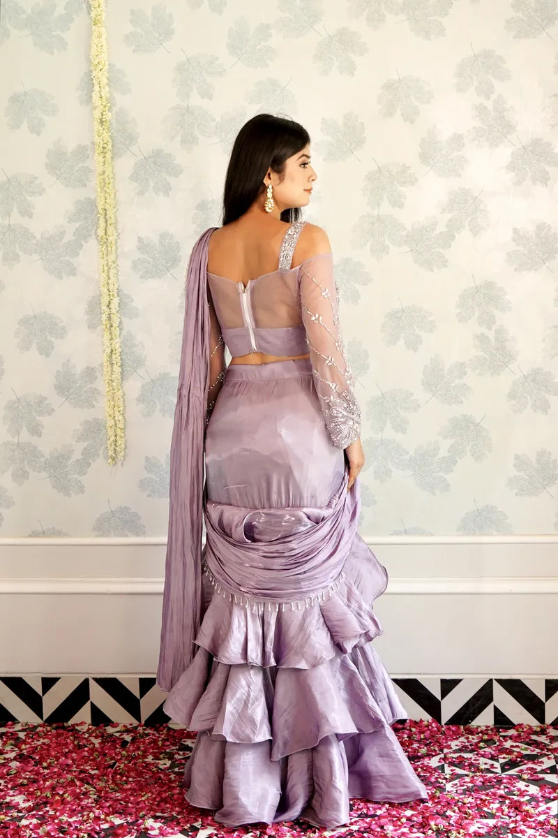 LAVENDER COLOR READY TO WEAR SAREE INDO WESTERN