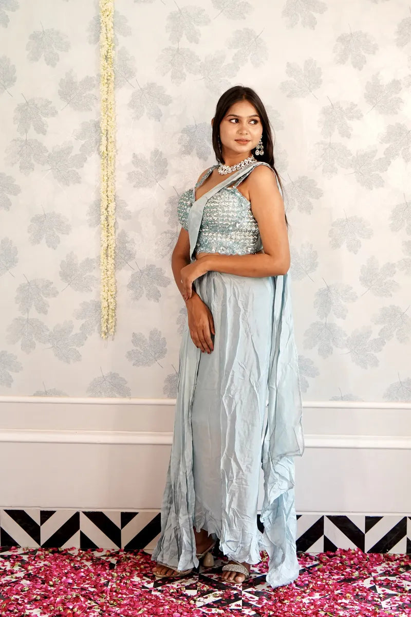 SKY BLUE COLOR READY TO WEAR SAREE INDO WESTERN