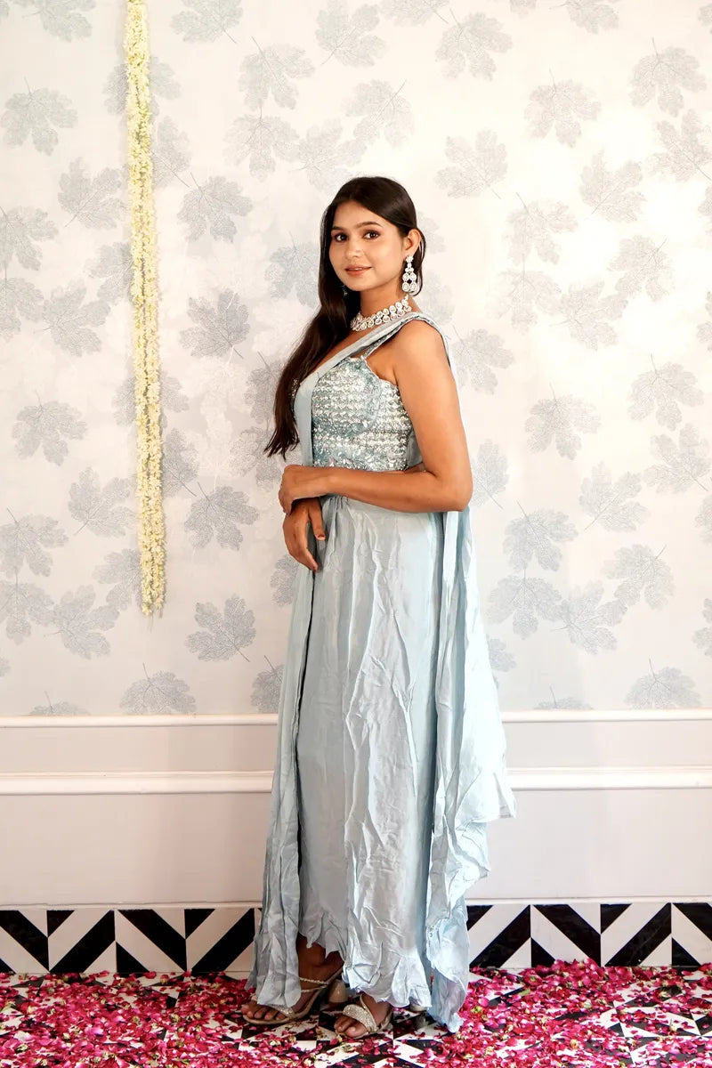 SKY BLUE COLOR READY TO WEAR SAREE INDO WESTERN