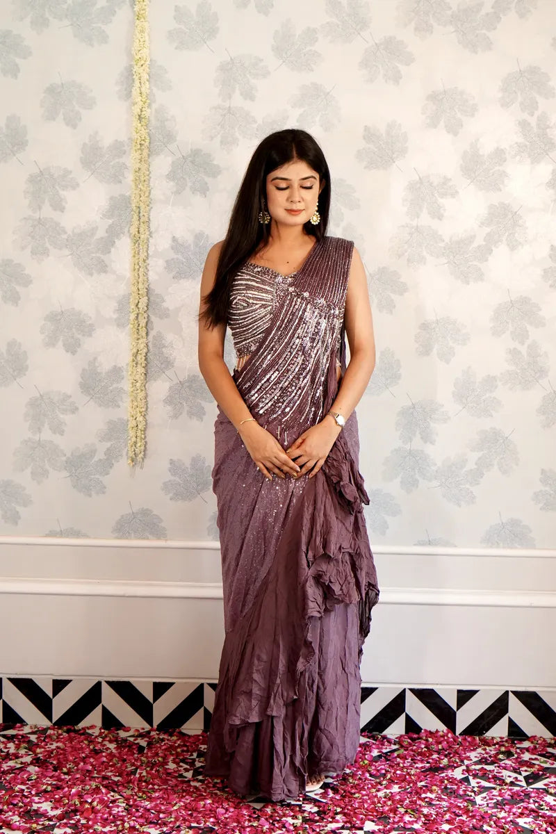 MAUVE COLOR READY TO WEAR SAREE INDO WESTERN