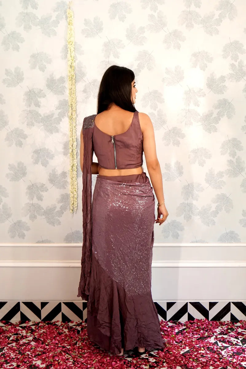 MAUVE COLOR READY TO WEAR SAREE INDO WESTERN