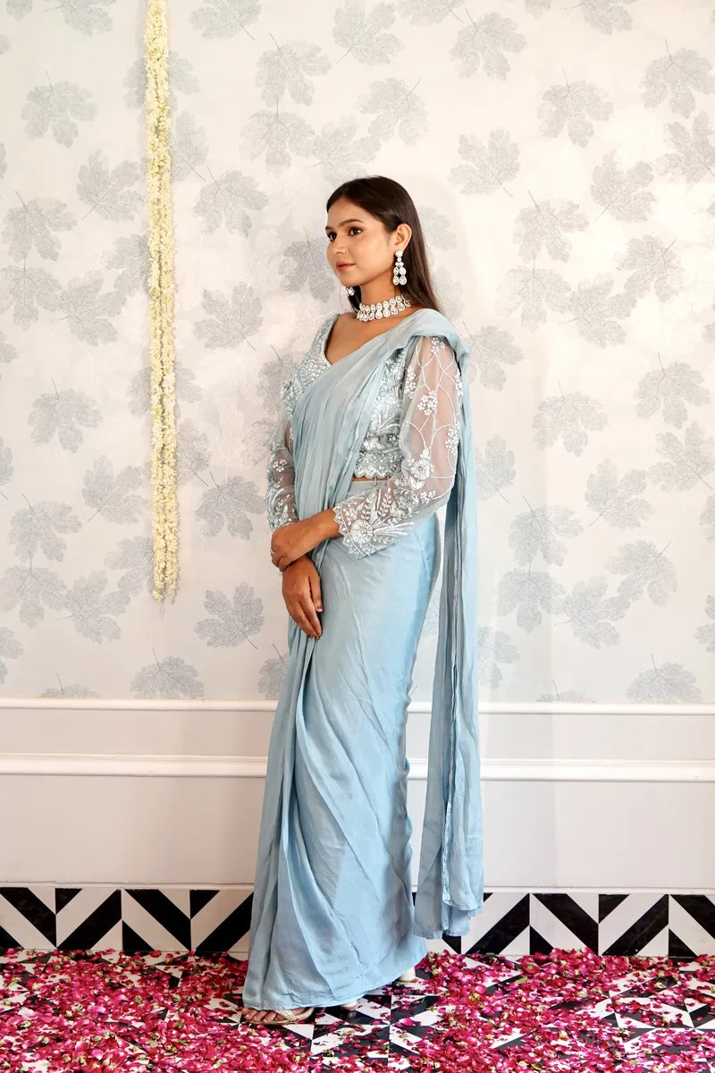 SKY BLUE COLOR READY TO WEAR SAREE INDO WESTERN