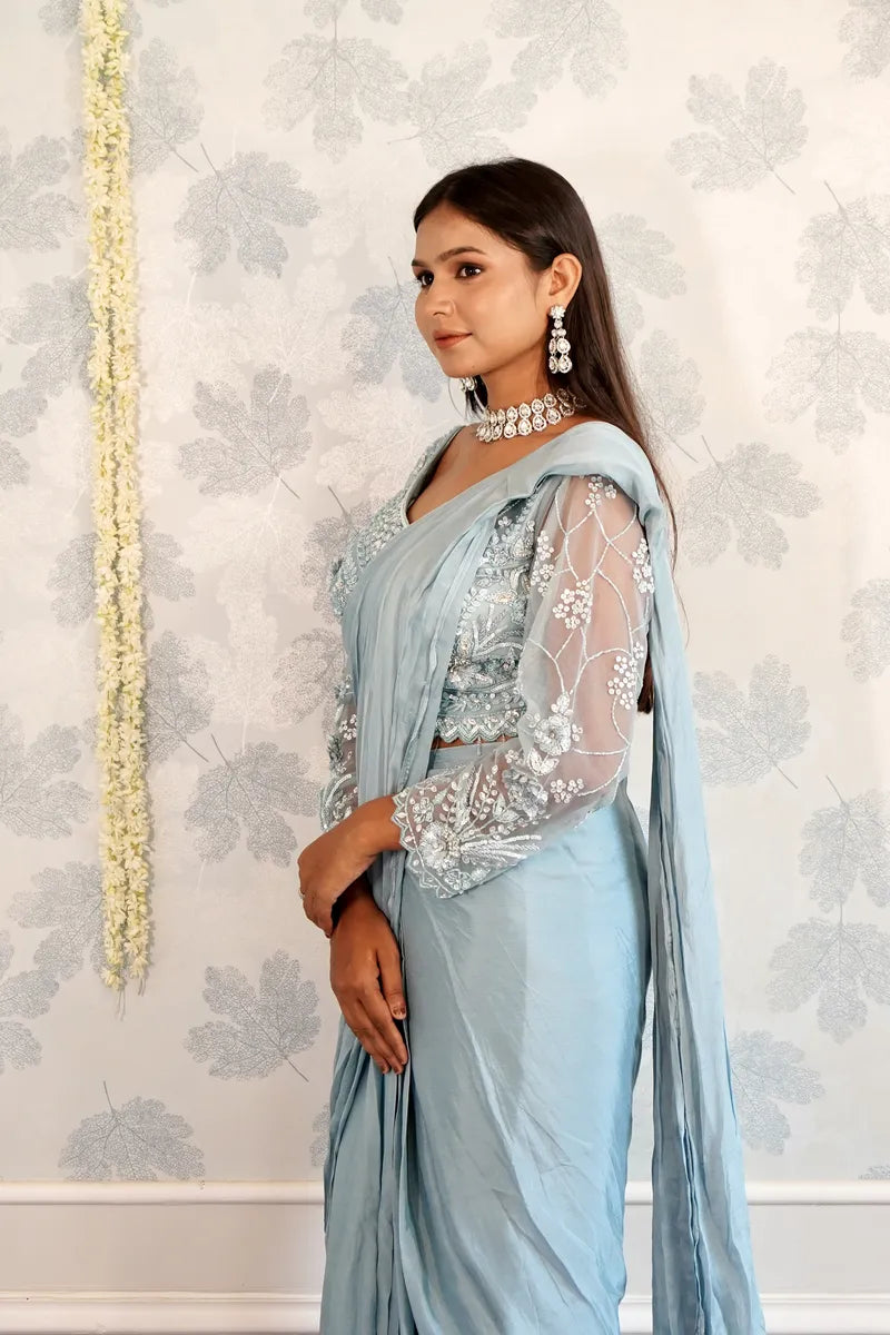 SKY BLUE COLOR READY TO WEAR SAREE INDO WESTERN