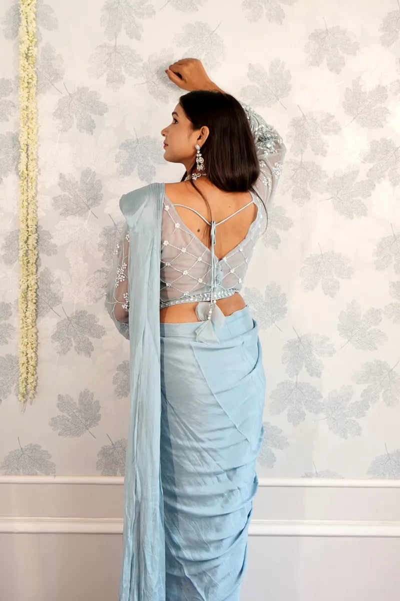 SKY BLUE COLOR READY TO WEAR SAREE INDO WESTERN