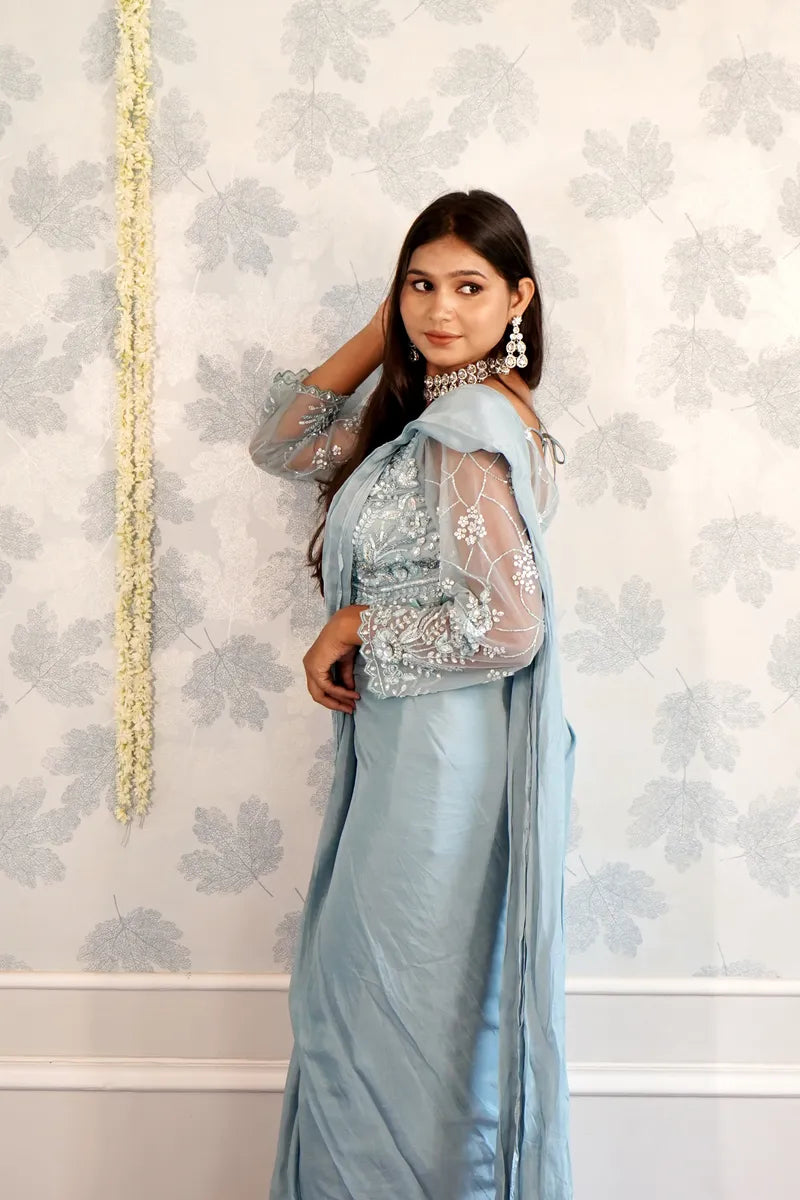 SKY BLUE COLOR READY TO WEAR SAREE INDO WESTERN