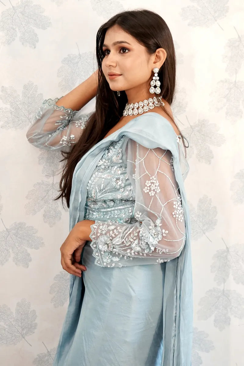 SKY BLUE COLOR READY TO WEAR SAREE INDO WESTERN
