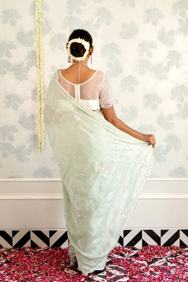 SEA GREEN COLOR READY BLOUSE CREPE SILK SAREE